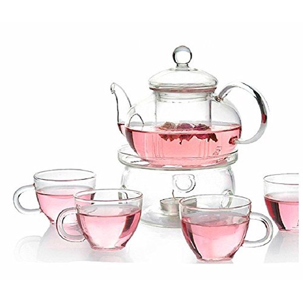 Personal Clear Heat Resistant Borosilicate Glass Teapot Tea Set & Infuser 400ml & 4 Handle Tea Cups