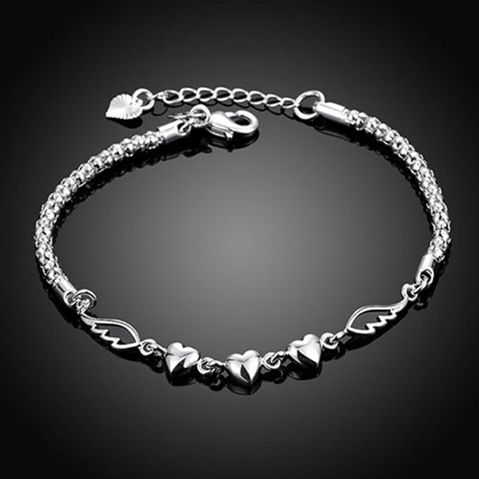 Silver Charm Love Heart Wings Bracelet for Women