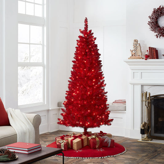 6.5-Foot Pre-Lit Flocked Artificial Red Pine Christmas Tree