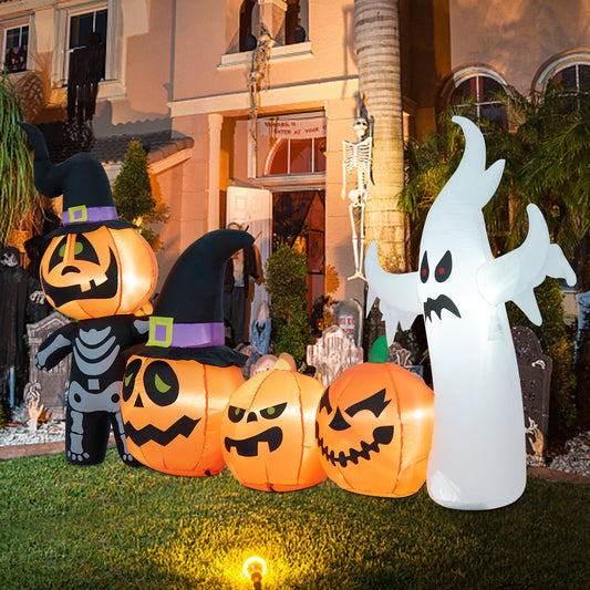 8 Ft Halloween Pumpkin Family & a Ghost Blow up Decoration w/ LED