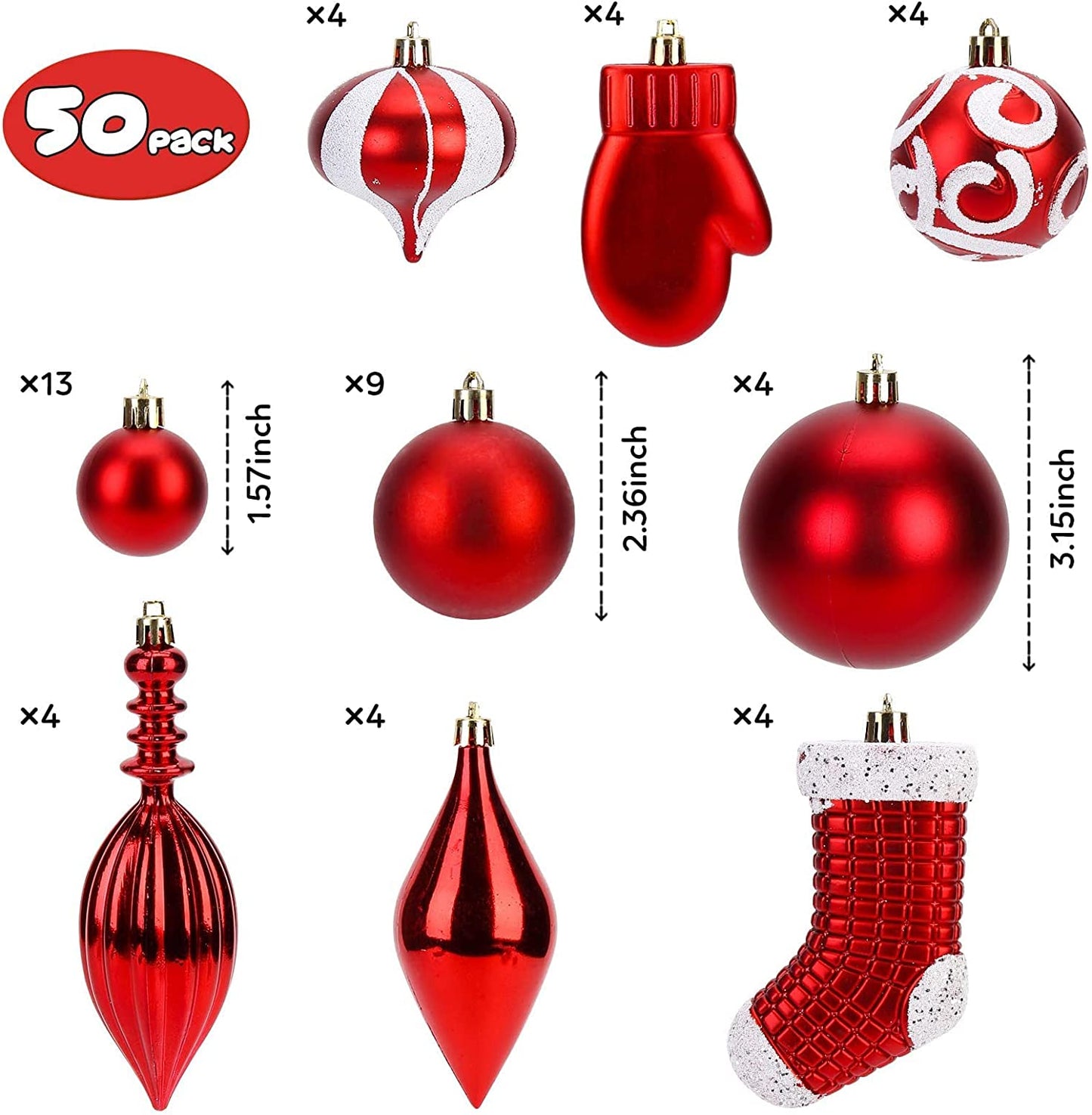50 Pack Christmas Ball Ornaments Set