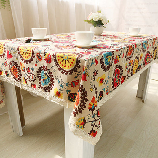 Boho Patchwork Floral Lace Decorative Linen Tablecloth