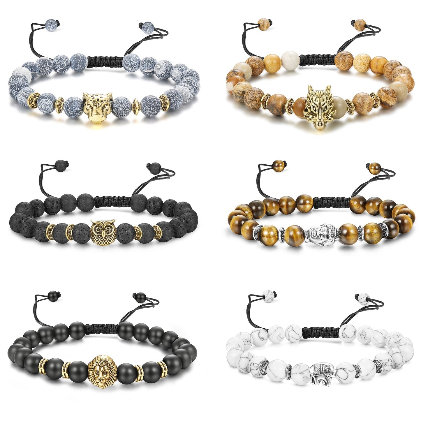 6PCS Mens Bead Bracelets Set Dragon/Lion/Panther Charm Natural Stone Bracelet, 8MM