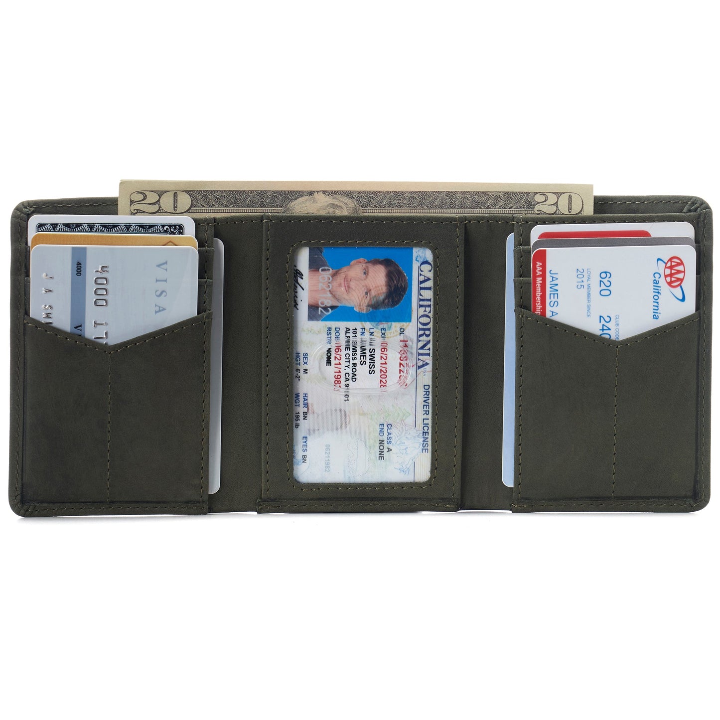 Mens RFID Protected Trifold Genuine Leather Wallet ID Window