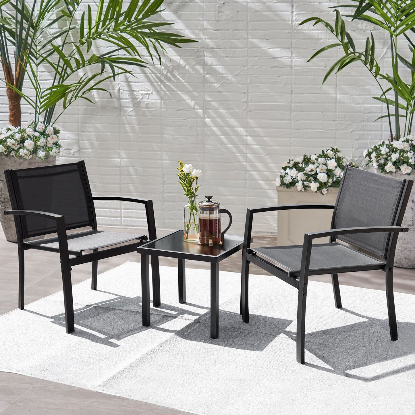 3 Pieces Patio Bistro Modern Furniture Set w/ Table, Black