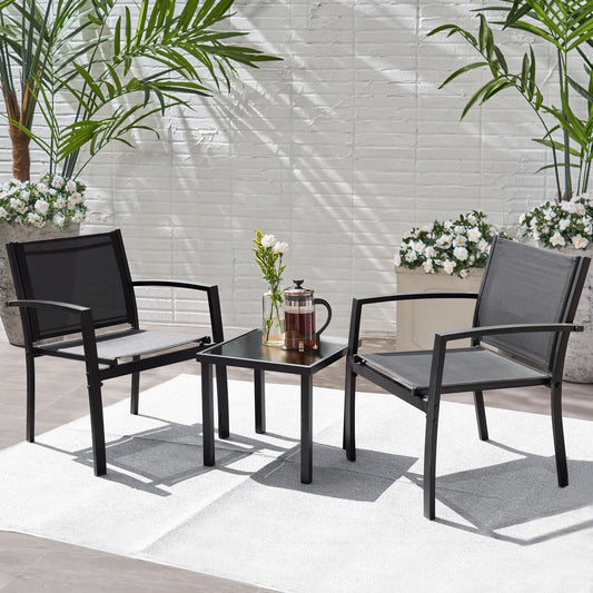 3 Pieces Patio Bistro Modern Furniture Set w/ Table, Black