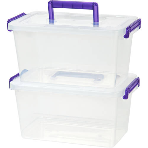 Medium Deep Modular Latching Box - Purple Handle, 6 Pack, Clear