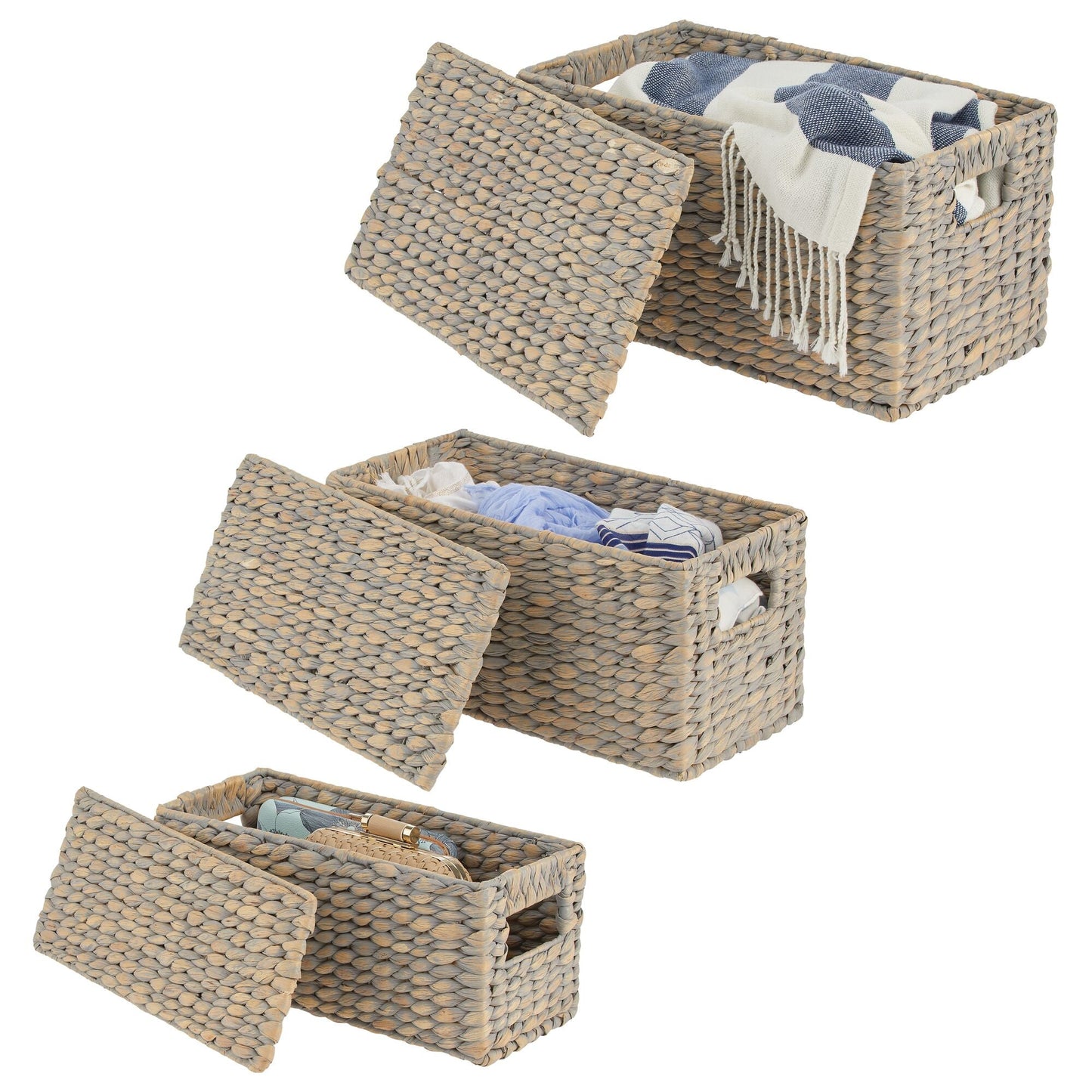 3 Natural Woven Water Hyacinth Organizer Basket Bin w/ Removable Lids