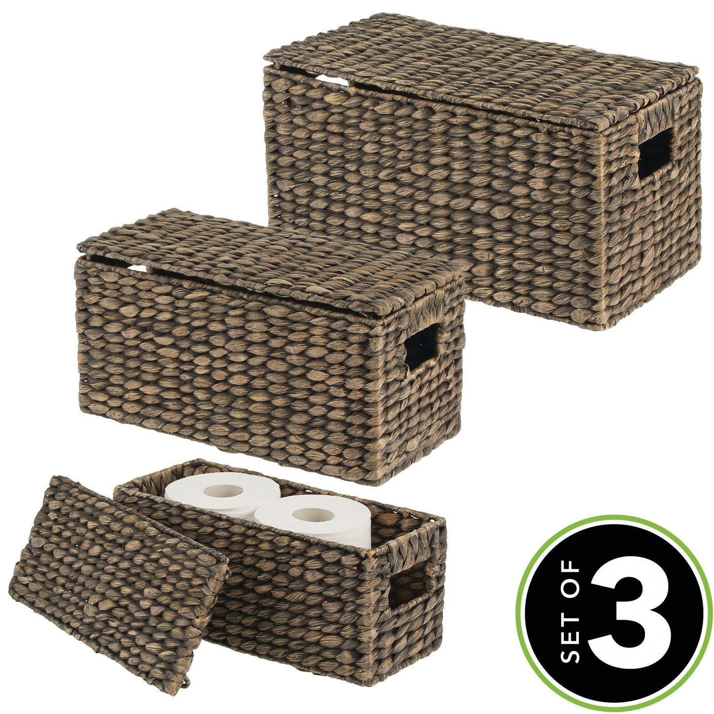 3 Natural Woven Water Hyacinth Organizer Basket Bin w/ Removable Lids