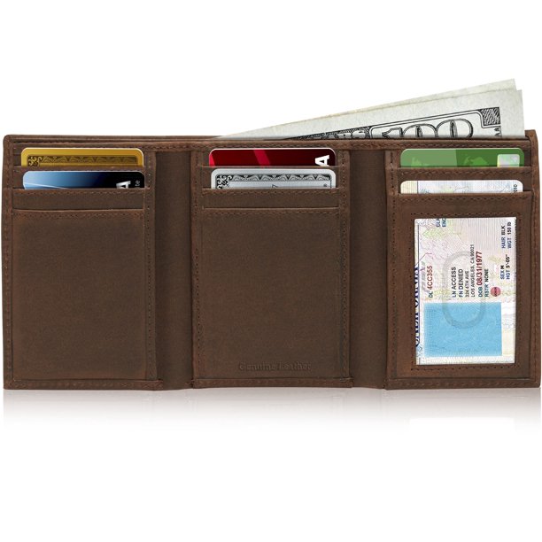 Genuine Leather Trifold Wallets For Men Brown Crazyhorse With ID Window Gifts For Men RFID Blocking
