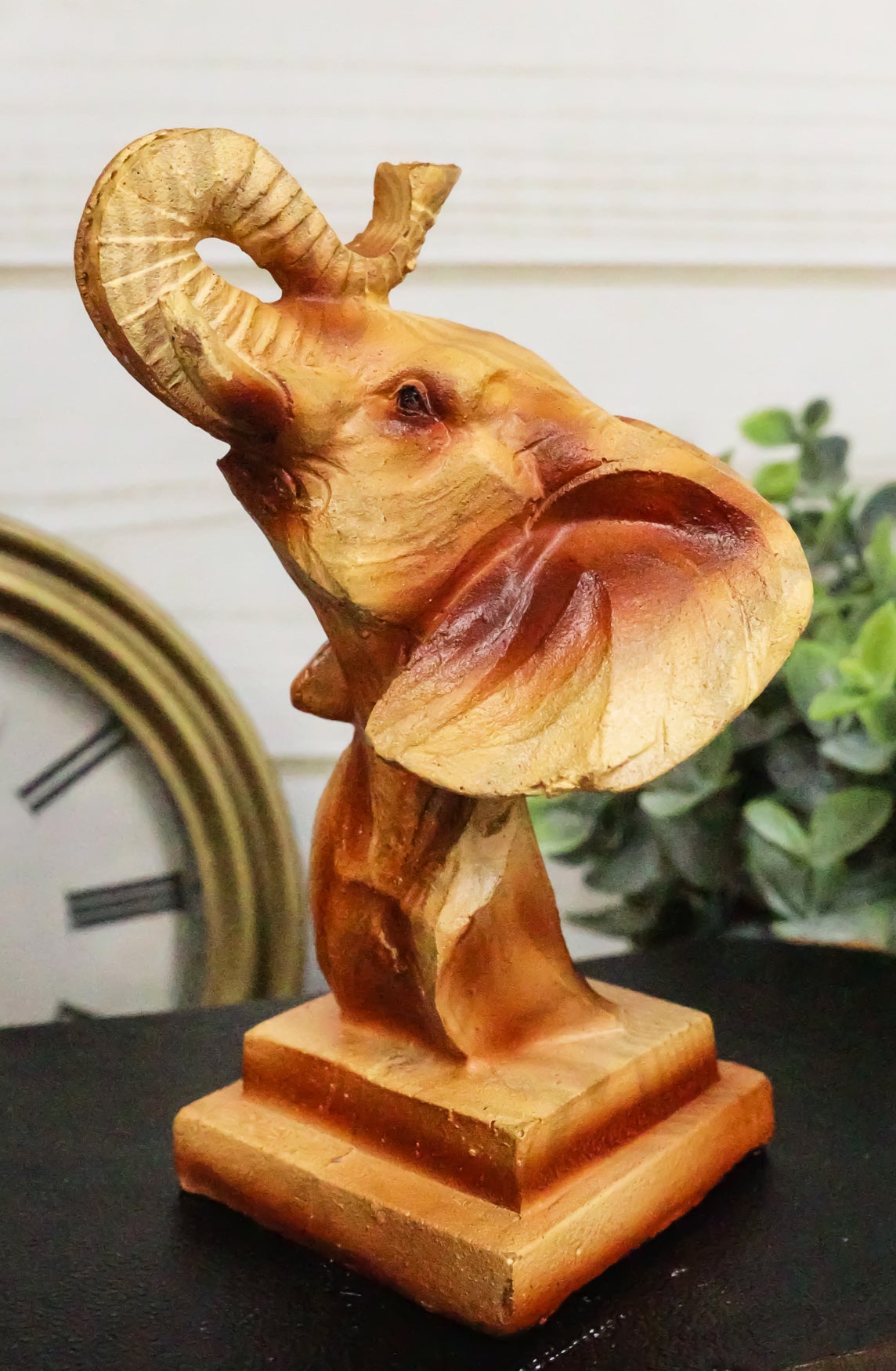 Safari Wildlife Elephant Bust Wood Carving Figurine