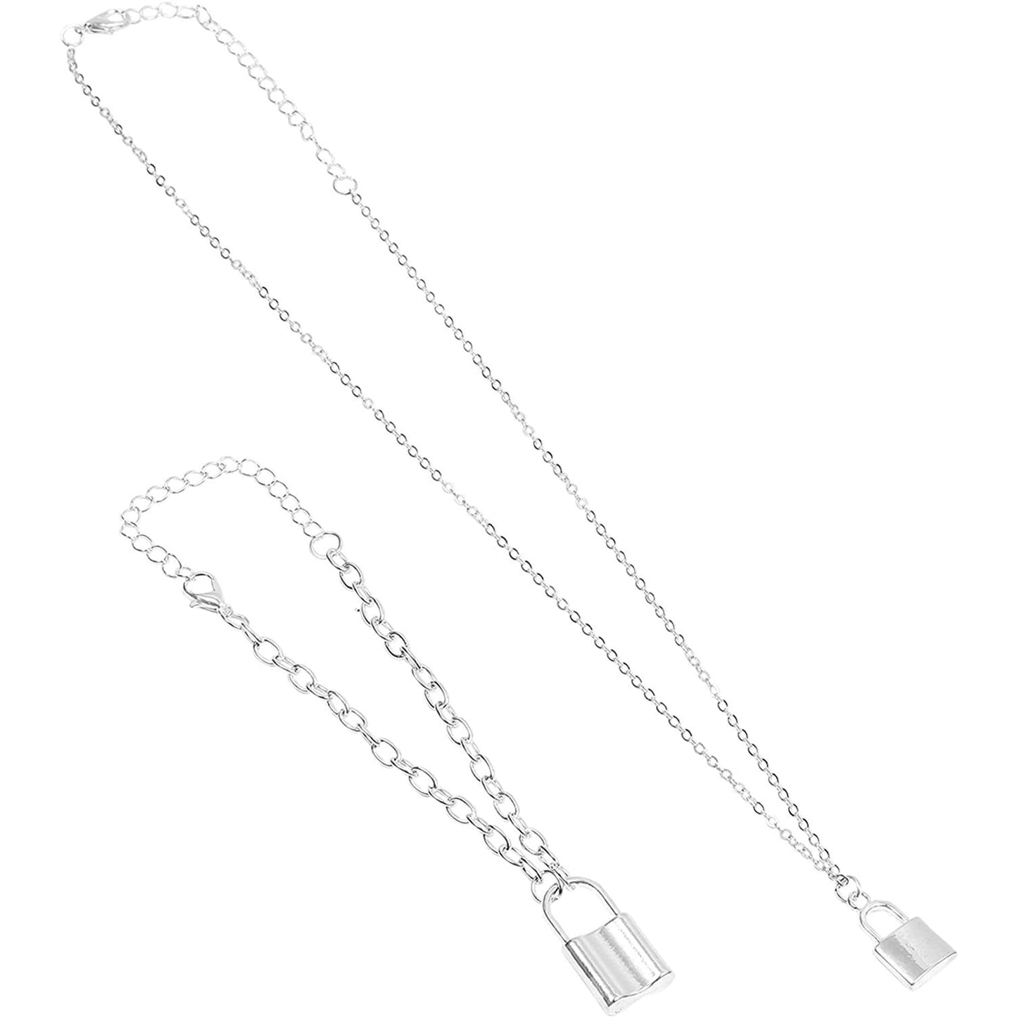 2 Pcs Silver Lock Necklace & Bracelet Set for Men & Women