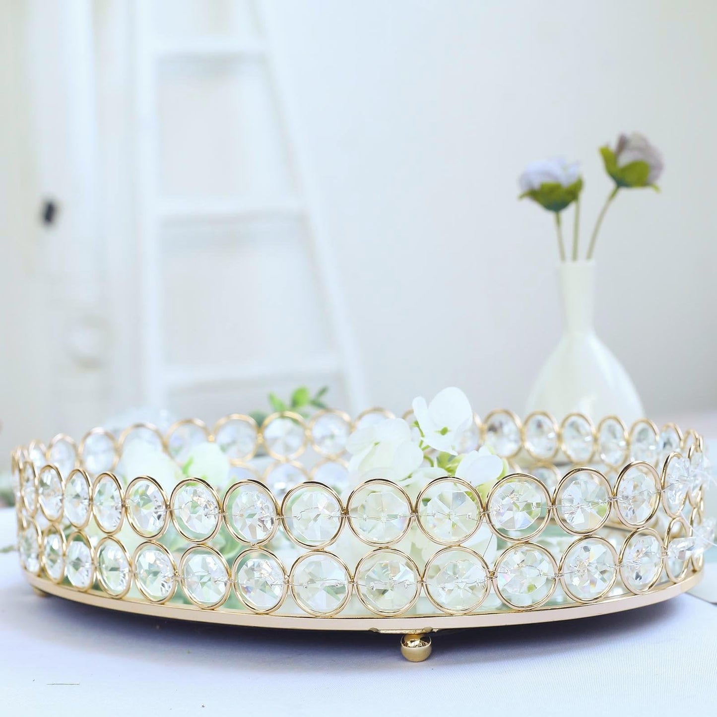 Gold Metal Crystal Beaded Decorative Serving Tray- Oval