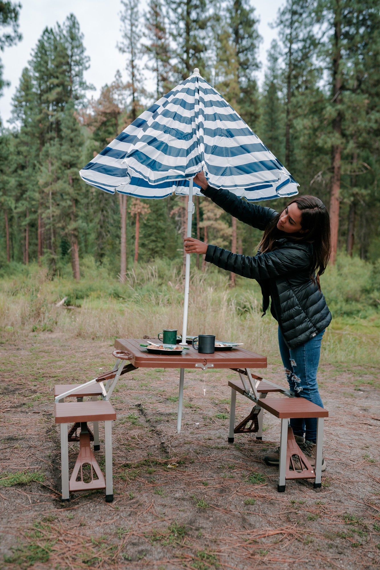 Folding Picnic Table w/ Umbrella, Aluminum Frame