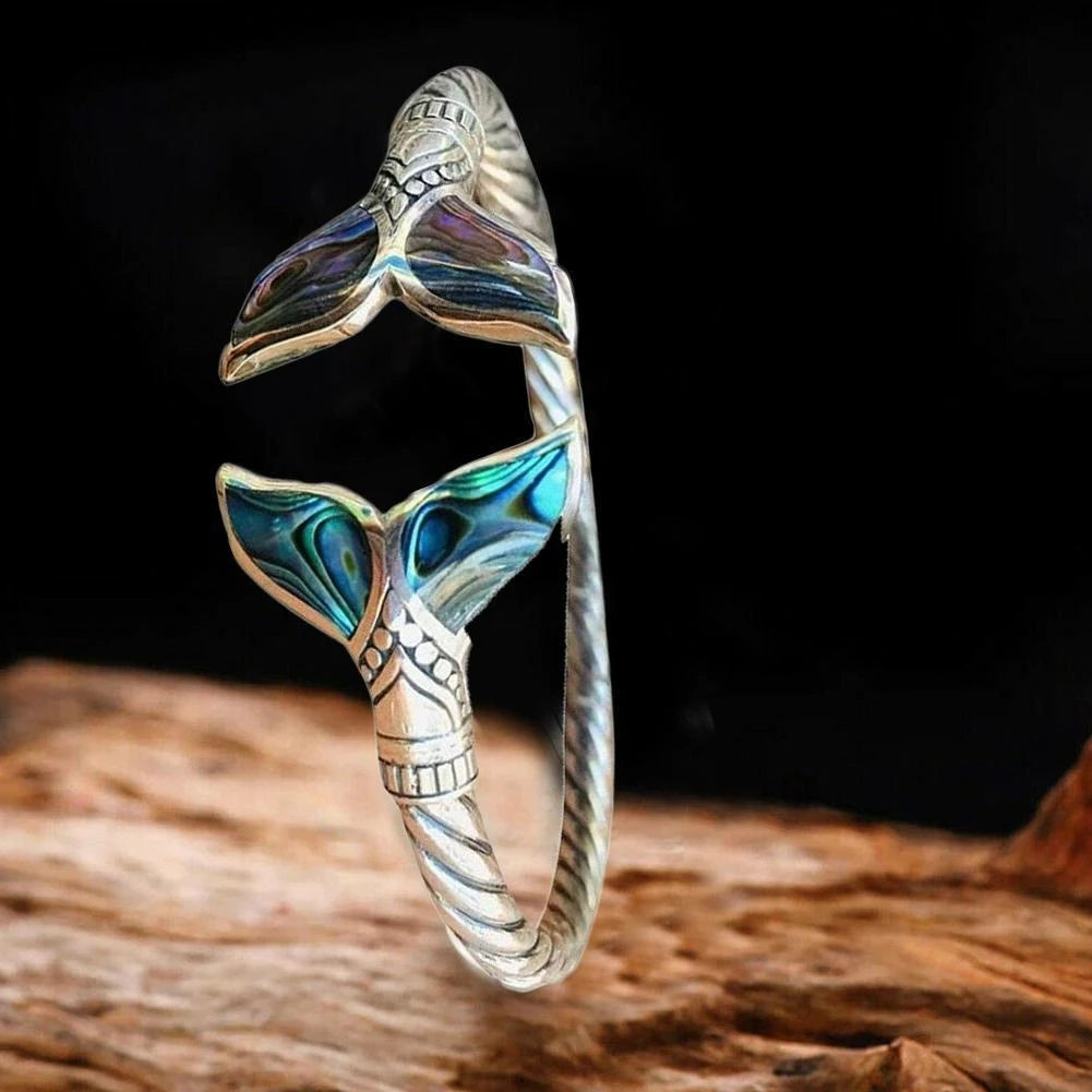 Abalone Shell & Silver Mermaid Tail Bangle Bracelet for Women