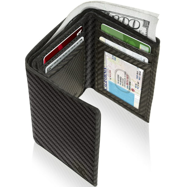 Genuine Leather Black Carbon fiber Trifold Wallet With ID Window Gifts For Men RFID Blocking