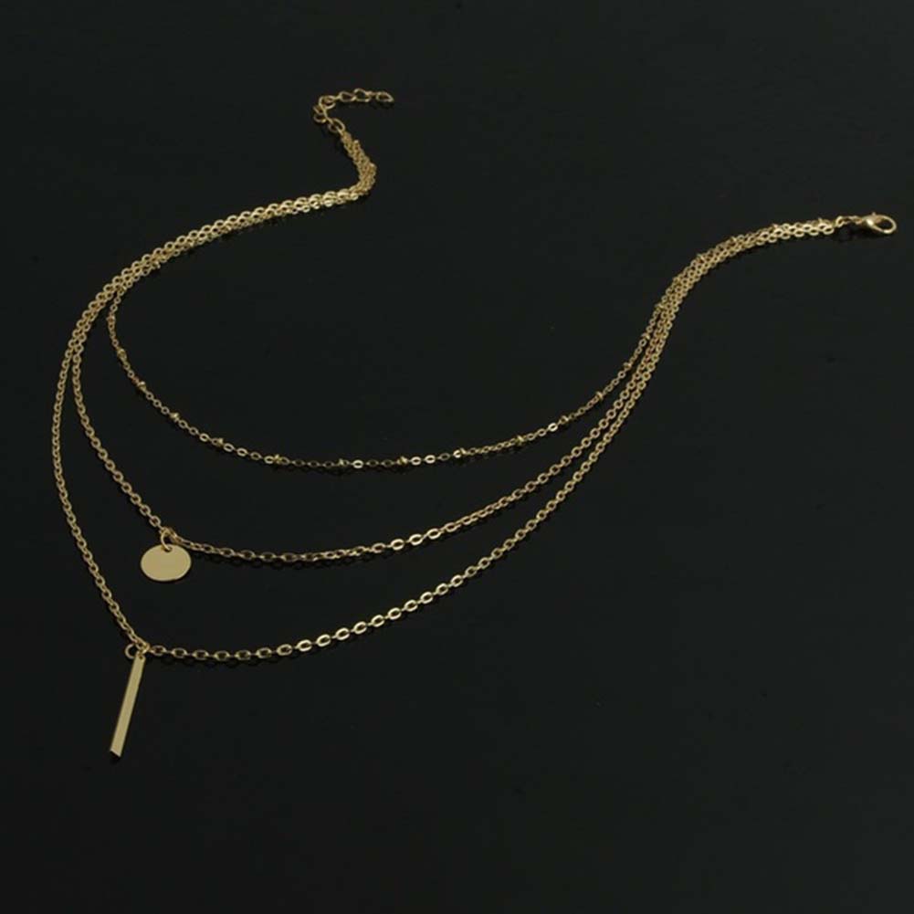 Women Necklace w/ 3 Layer Bar Round Pendant Punk Style