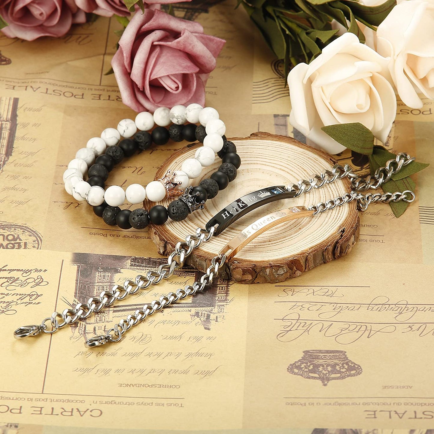 4 Pcs Couples His & Her Crown Queen Bracelets Set 8mm Beads Bracelets