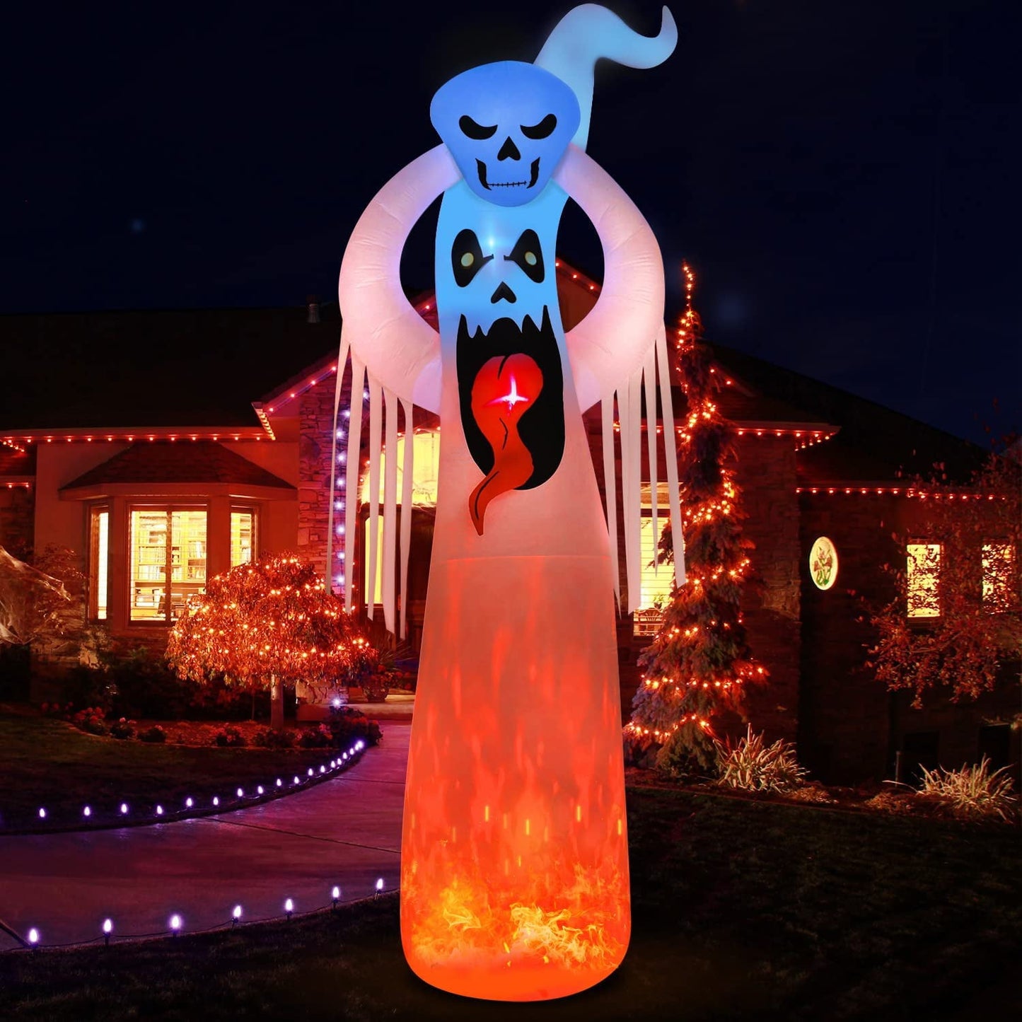 12ft Giant Halloween Inflatables White Ghost w/ 3D Tongue & Holding Small Ghost