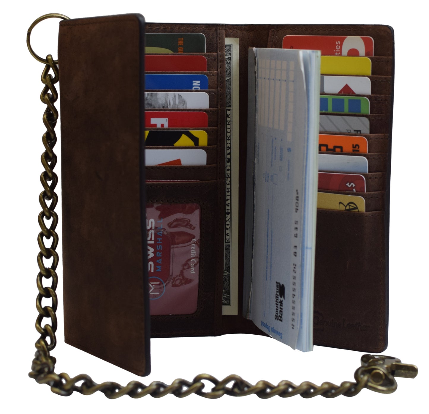 RFID Blocking Men's Vintage Brown Genuine Leather Long Tri-fold Chain Wallet