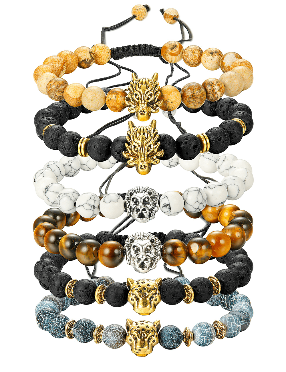 6PCS Mens Bead Bracelets Set Dragon/Lion/Panther Charm Natural Stone Bracelet, 8MM