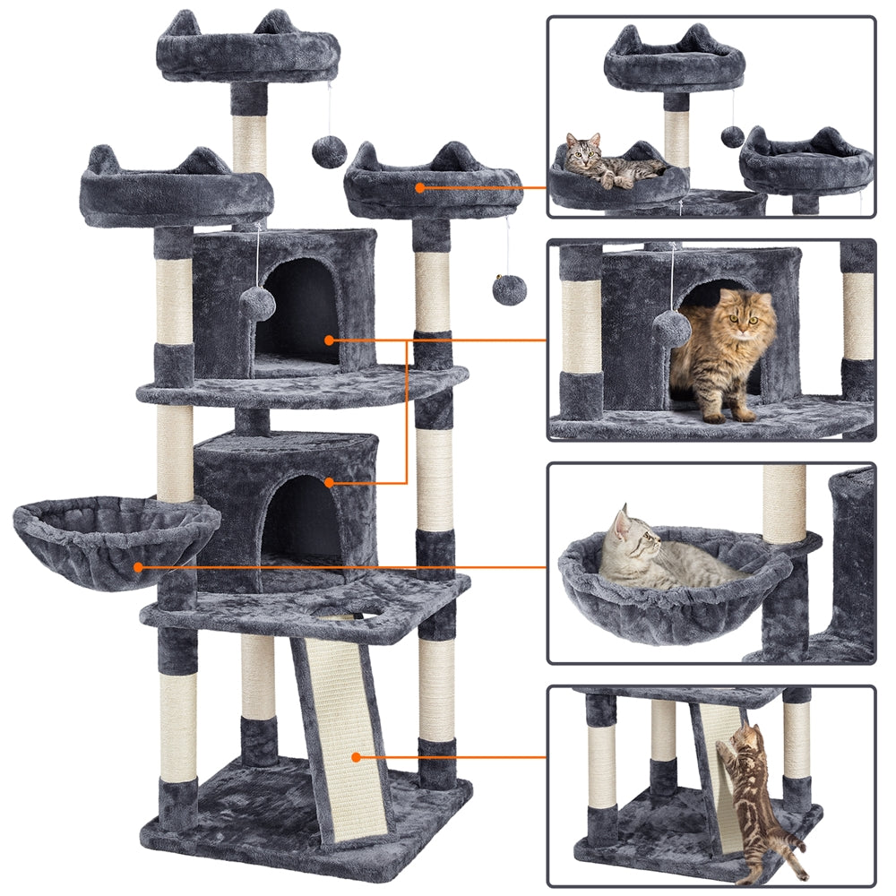 Large Cat Tree Plush Tower w/ Caves Condos, Dark Gray