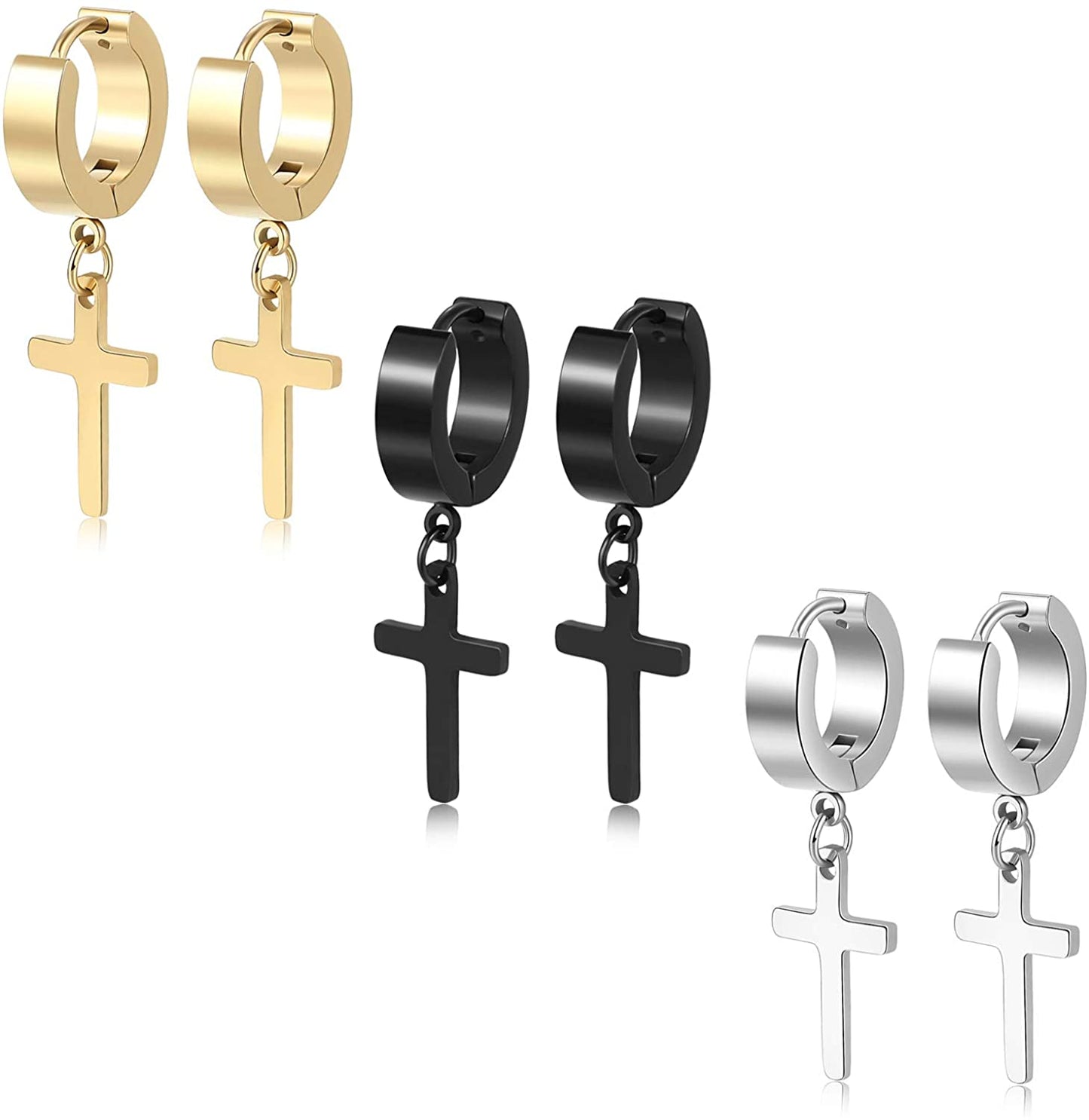 Men 3 Pairs of Cross Earrings Dangle Hinged