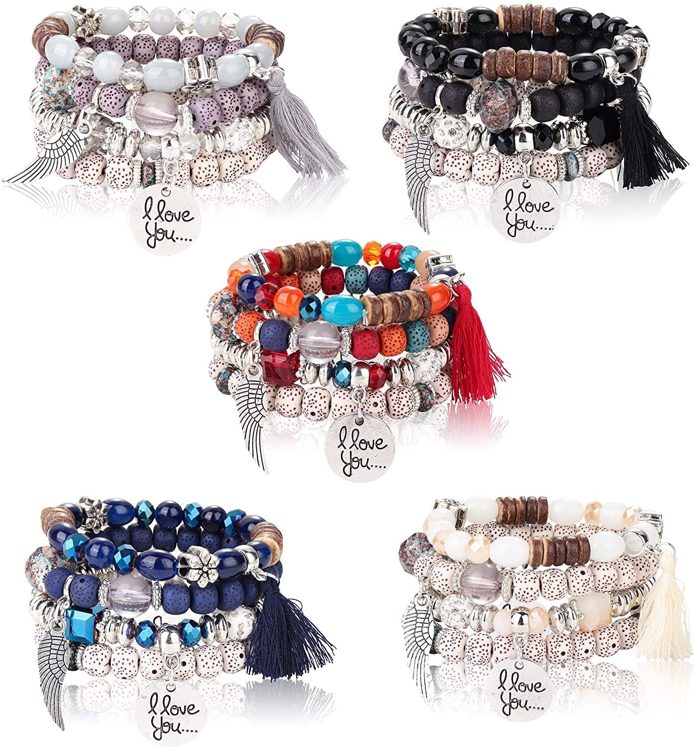 5 Set Bohemian Stretch Beaded Bangle Charm Multilayer Stackable Bracelets