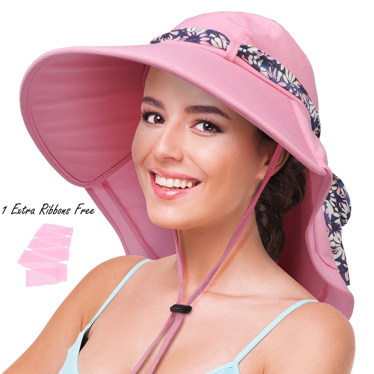 Neck Flap Wide Brim  Sun Hat for Women w/ 2 Replaceable Ribbon