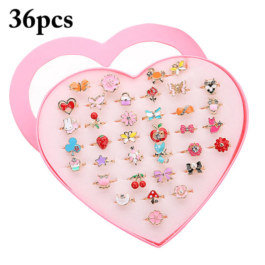 36PCS Kids Ring, Cute Cartoon Rhinestone Adjustable Ring for Kids