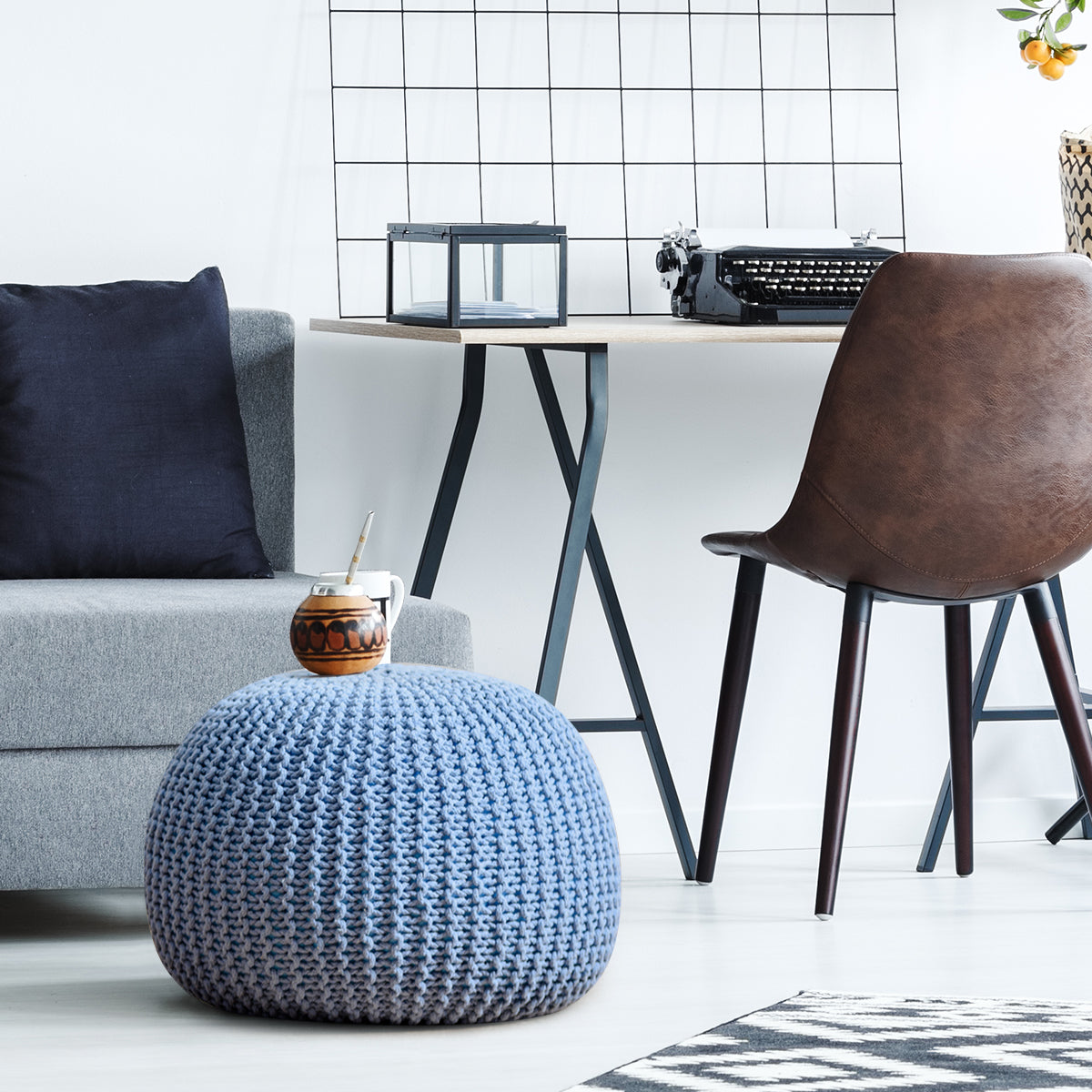 Hand Knitted Pouf Floor Ottoman Footrest Seating 100% Cotton Braid Cord Blue