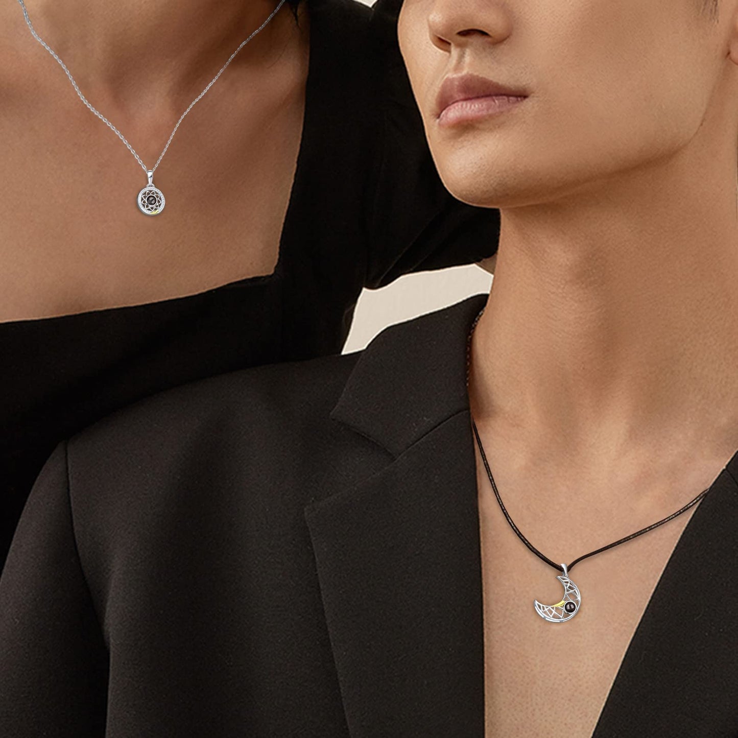 Magnetic Couple I Love You in 100 Languages Projection Romantic Sun and Moon Necklace For Couples