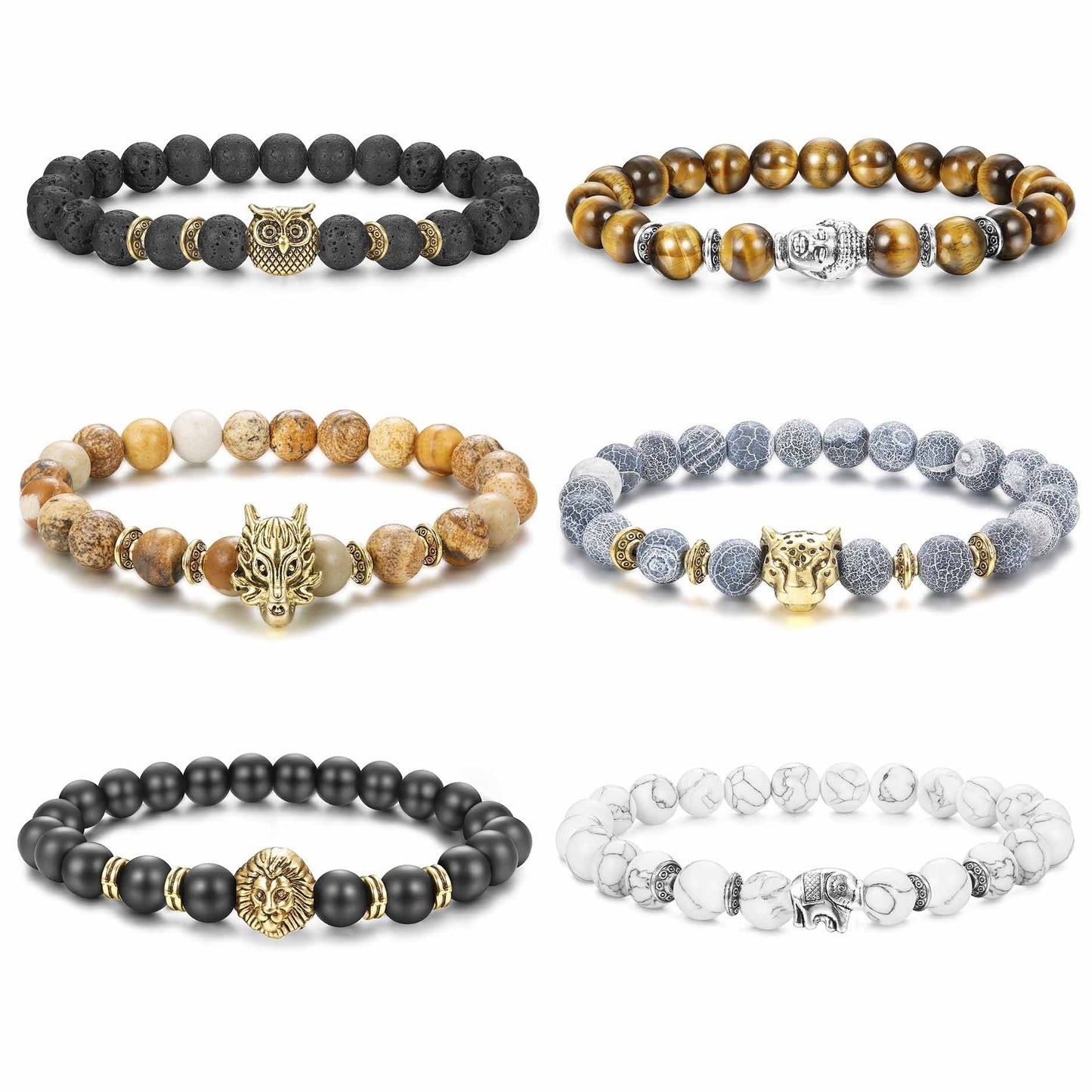 6PCS Mens Bead Bracelets Set Dragon/Lion/Panther Charm Natural Stone Bracelet, 8MM