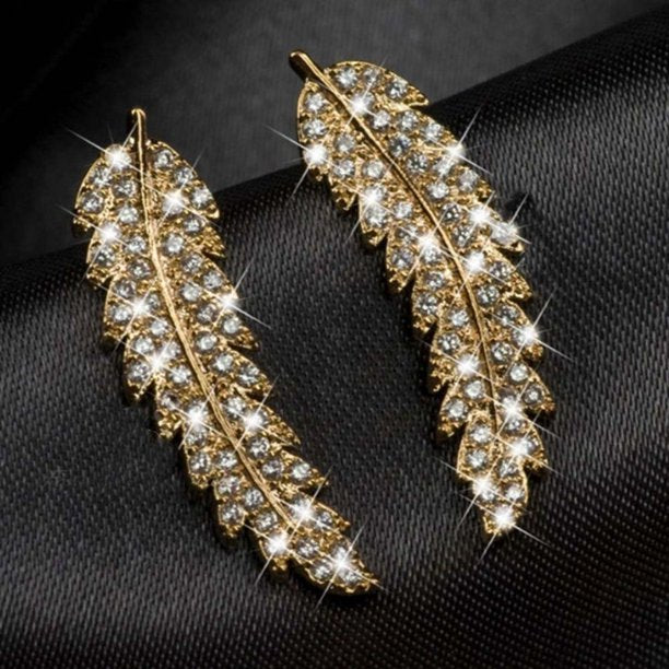 Gorgeous Feather Ear Climbers 925 Sterling Silver Wing Gold Crystal Leaves Cluster Cuff Earrings For Women