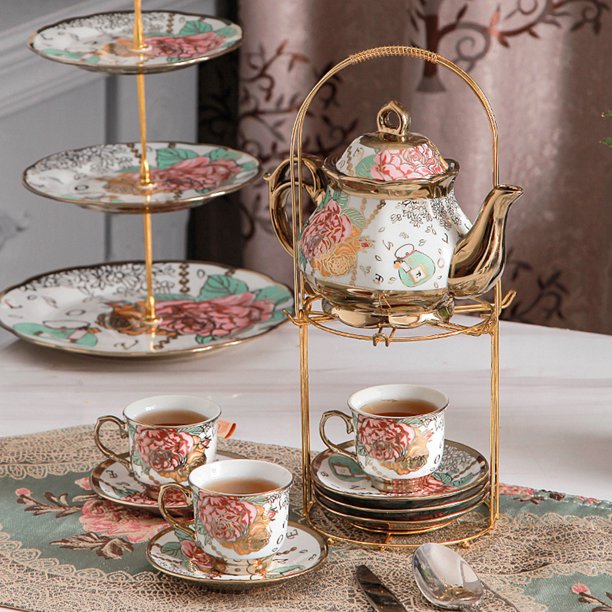 13 Pcs Cup Set,Ceramics Vintage Coffee Set - 6 Tea Cups 6 Saucers 1 Teapot &1 Golden Metal Stand