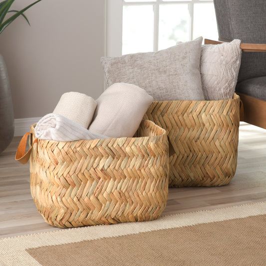 Modern Leather Storage Baskets, Set of 2