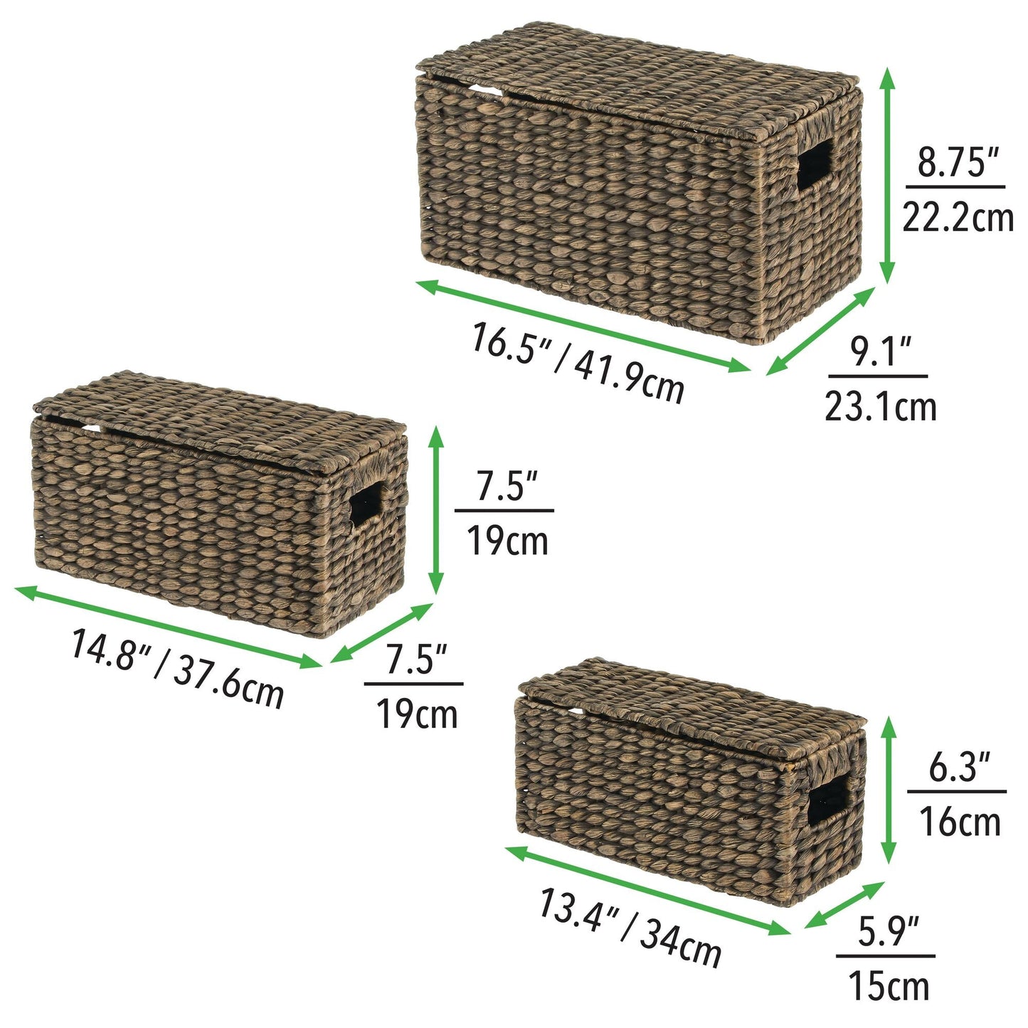 3 Natural Woven Water Hyacinth Organizer Basket Bin w/ Removable Lids