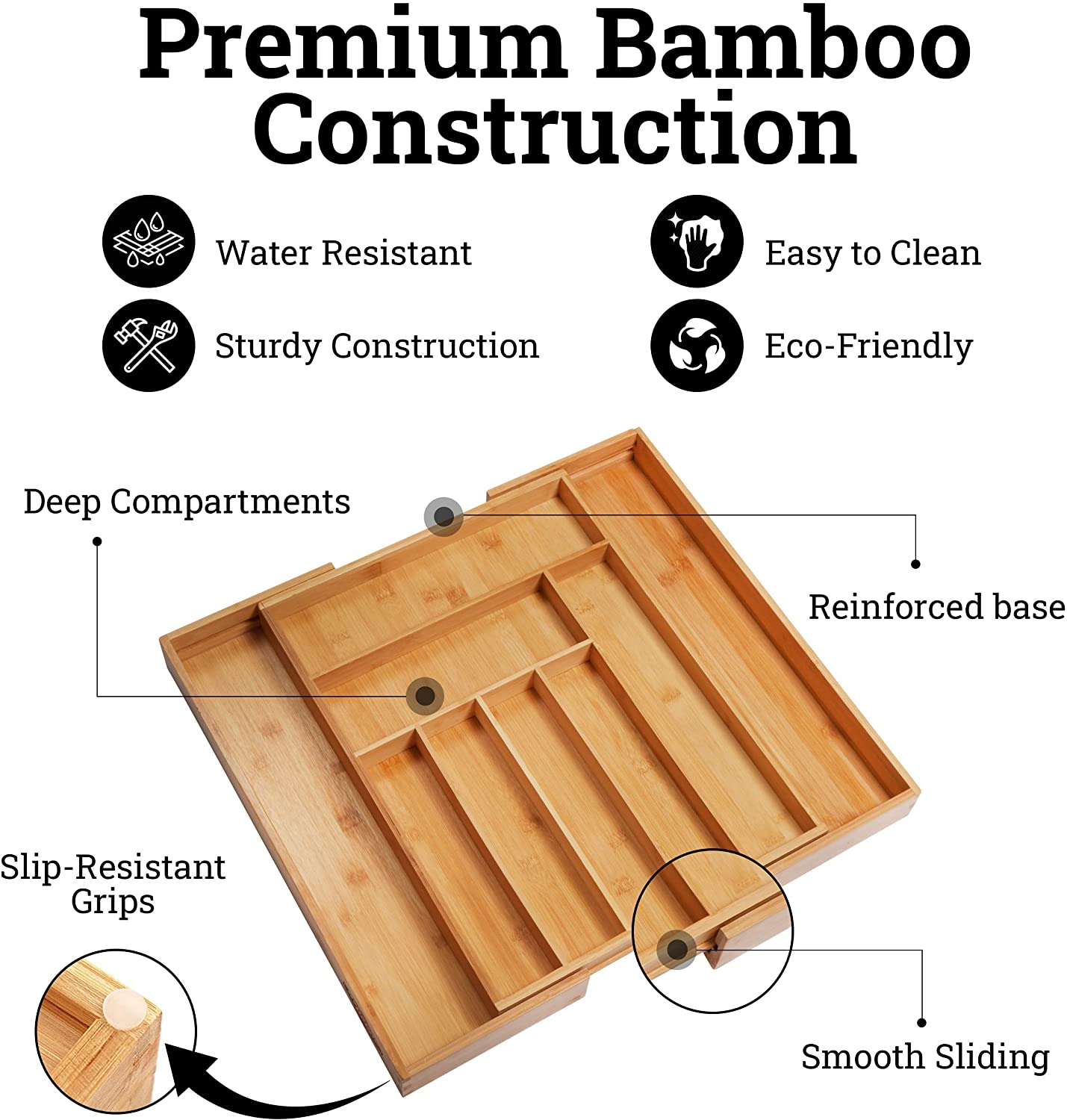 Bamboo Expandable Drawer Organizer - 100% Pure Bamboo