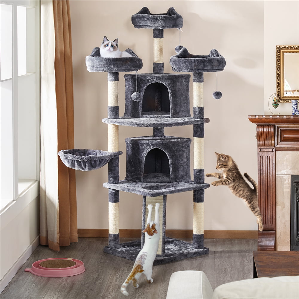 Large Cat Tree Plush Tower w/ Caves Condos, Dark Gray