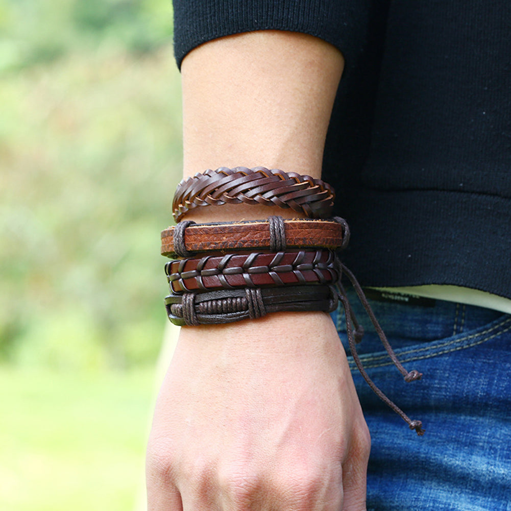 Pack Of 12 Vintage Men Leather Multi-Layer Braided Bracelets