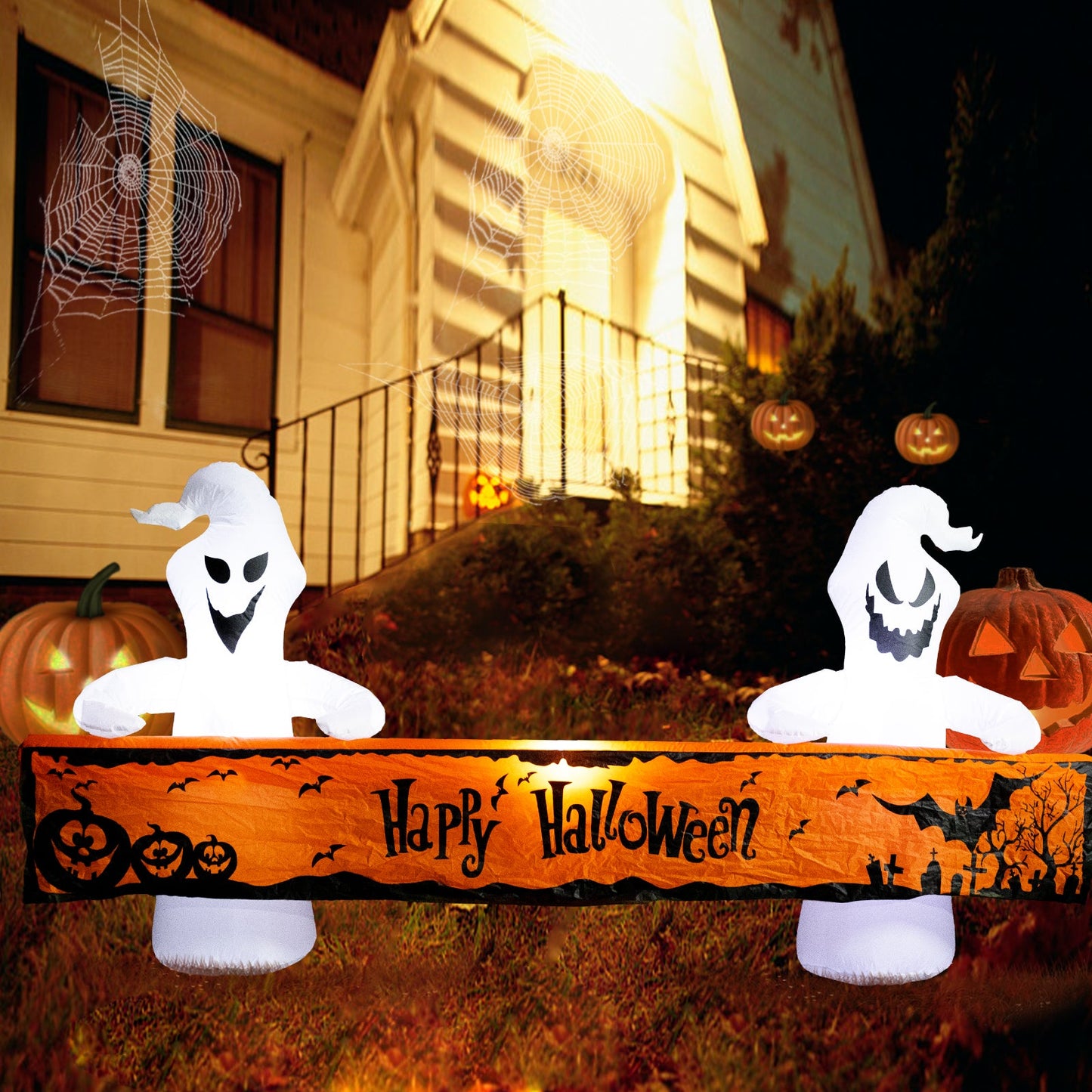 8 Ft Halloween Inflatable White Ghosts w/ Lighted Orange Banner