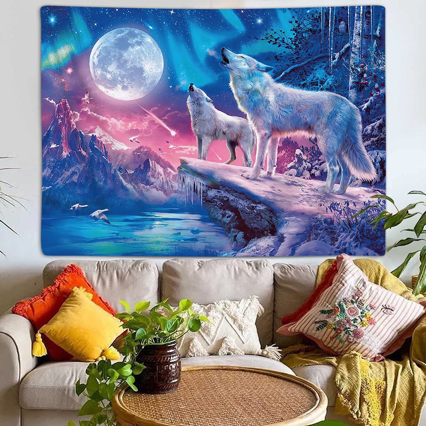 Aesthetic Blue Galaxy Mountain Fantasy Forest Wolf Moon Tapestry 60X40 inches