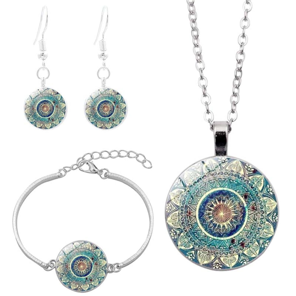 Cabochon Pendant Mandala Necklace Bracelet Earrings Jewelry Set for Women