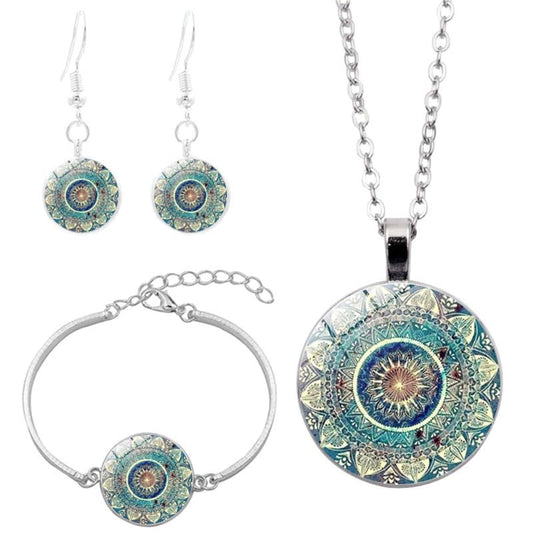 Cabochon Pendant Mandala Necklace Bracelet Earrings Jewelry Set for Women