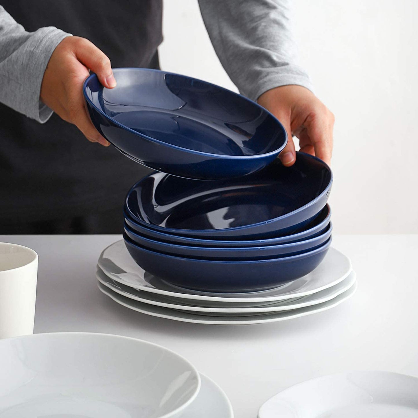 30 Ounces Large Porcelain Pasta, Salad, Soup Bowls, 6 Sets Blue