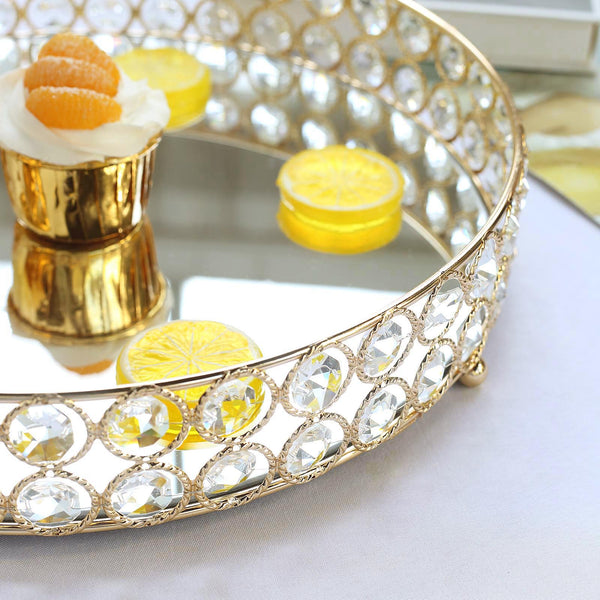 Gold Metal Crystal Beaded Decorative Serving Tray- Oval