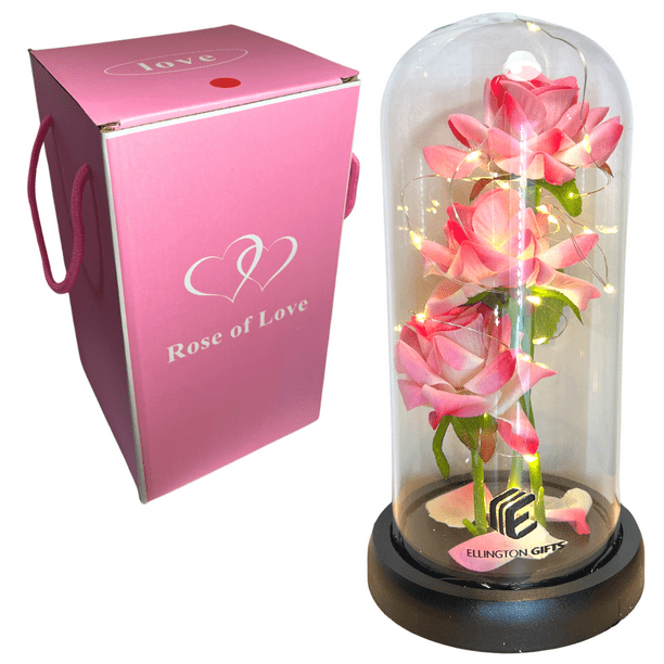Gifts Artificial Rose Flowers Gift in Glass Dome with LED - Pink Rose