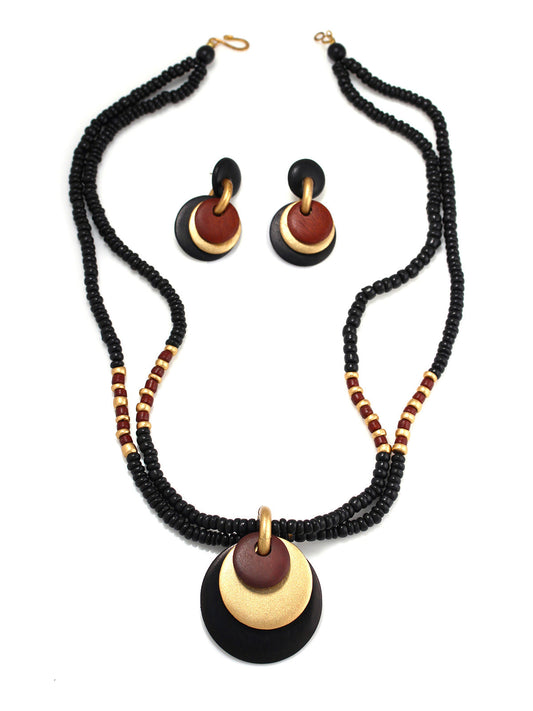 WOMEN'S  OLD BROWN & BLACK WOOD SEED BEAD EARRINGS & NECKLACE SET