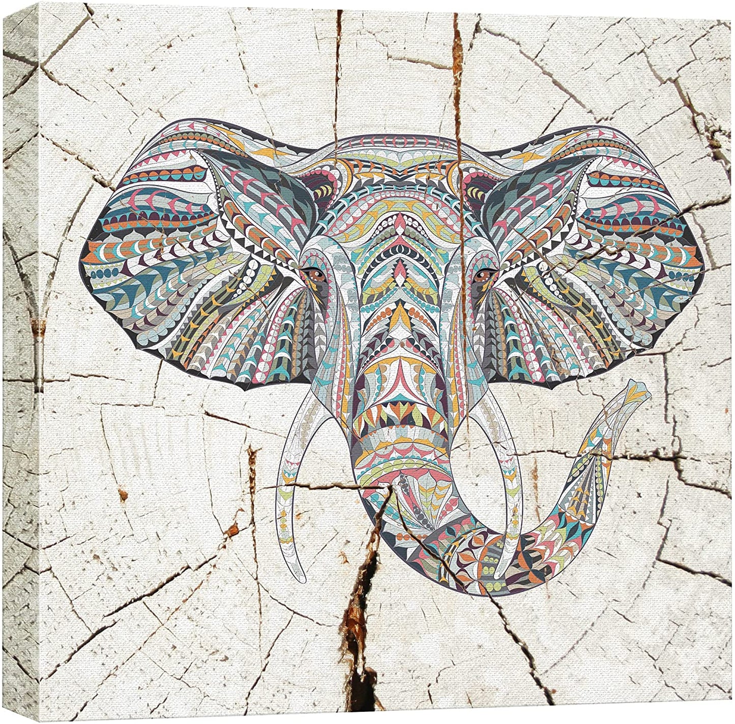 Square Tribal Elephant Wood Effect Canvas for Home Decoration