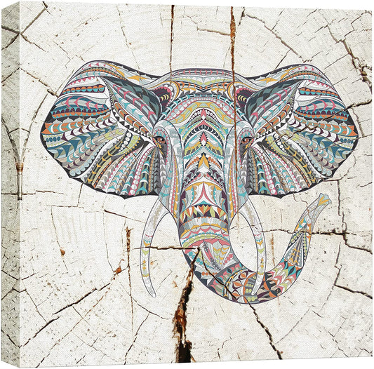 Square Tribal Elephant Wood Effect Canvas for Home Decoration